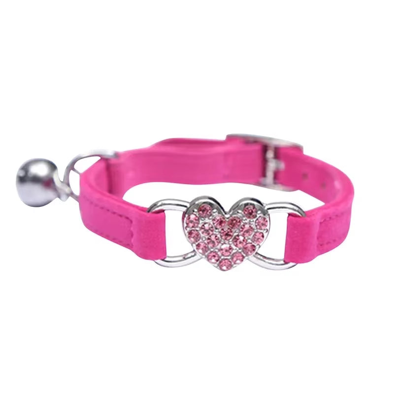 8 Colors Adjustable with Soft Velvet Material Pet Product Small Dog Collar Heart Charm and Bell Cat Collar Safety Elastic
