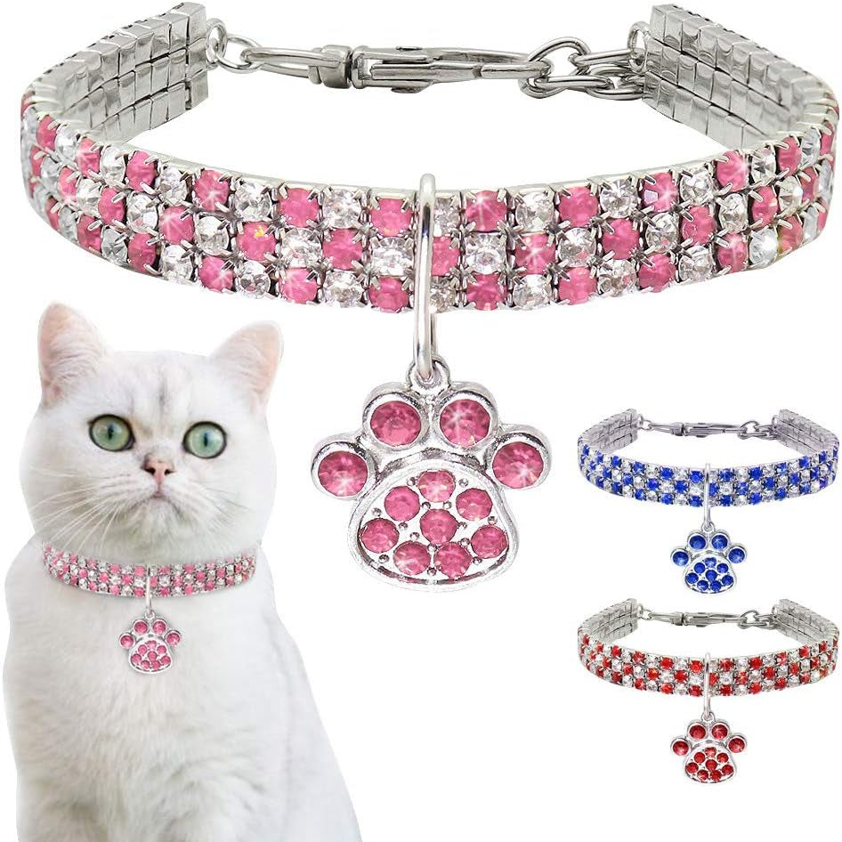 Pet Collar with Diamonds, Adjustable Crystal Diamond Elastic Heart Claw Pendant Wedding Cat and Dog Small Pet Necklace Jewelry