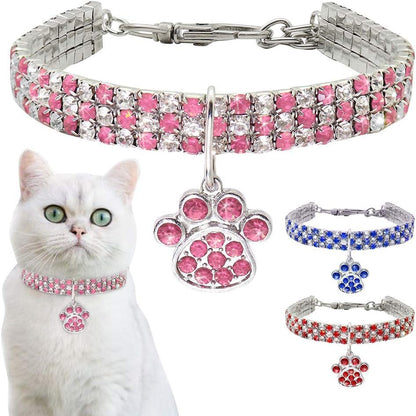 Pet Collar with Diamonds, Adjustable Crystal Diamond Elastic Heart Claw Pendant Wedding Cat and Dog Small Pet Necklace Jewelry